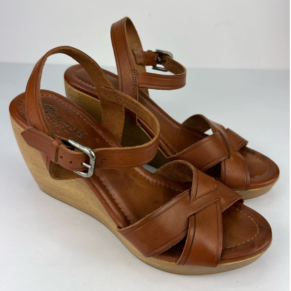 Madewell Women's 10 Wooden Wedge Wylie Sandals Distressed Leather Brown/Cognac - Picture 1 of 8